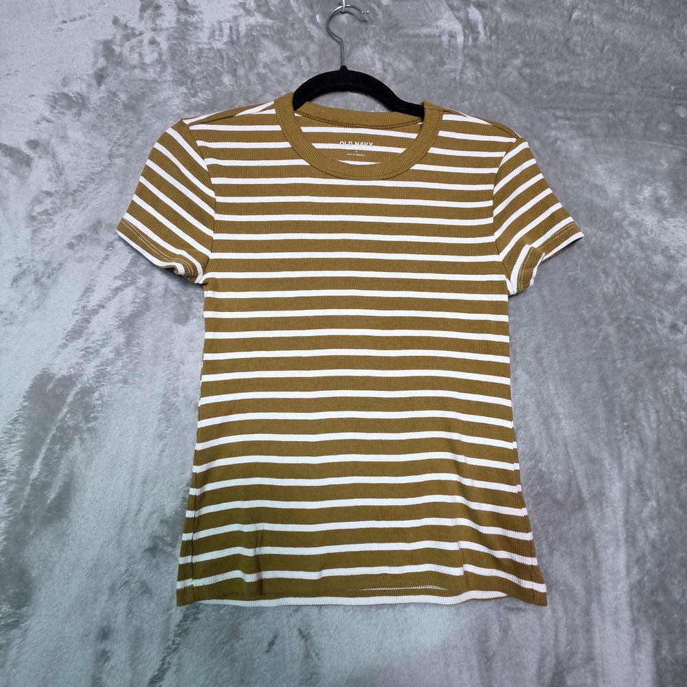 Old Navy Womens Mustard Yellow White Striped Ribbed Short Sleeve Crew Neck Top S